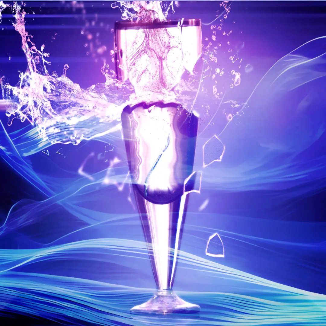 A wine glass is surrounded by colorful sound waves as it shatters