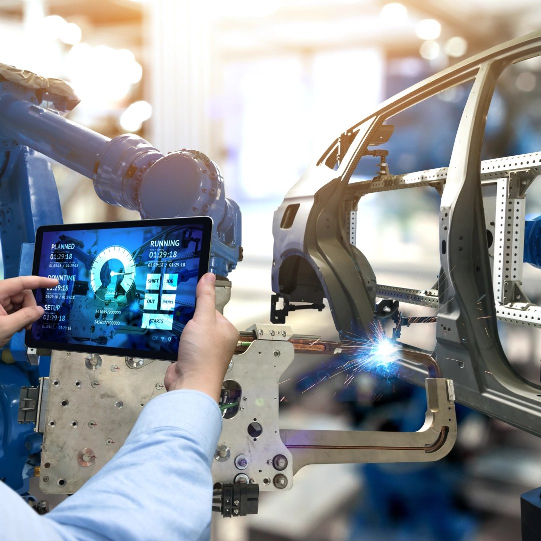An auto manufacturing employee controlling a robotic welding machine with a tablet on an automotive assembly line.