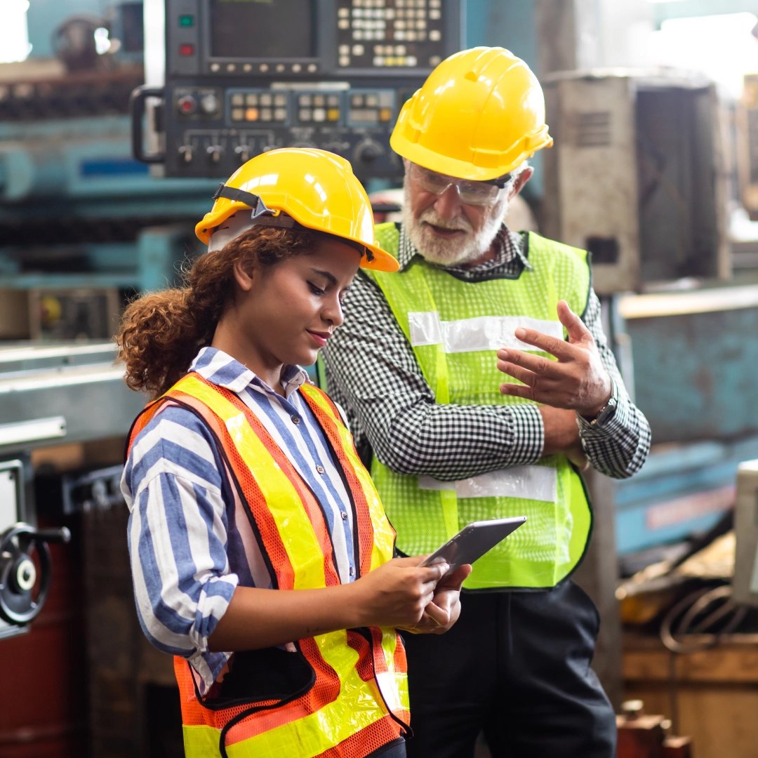 Two industrial workers wearing safety gear having a conversation and reviewing data on a tablet.