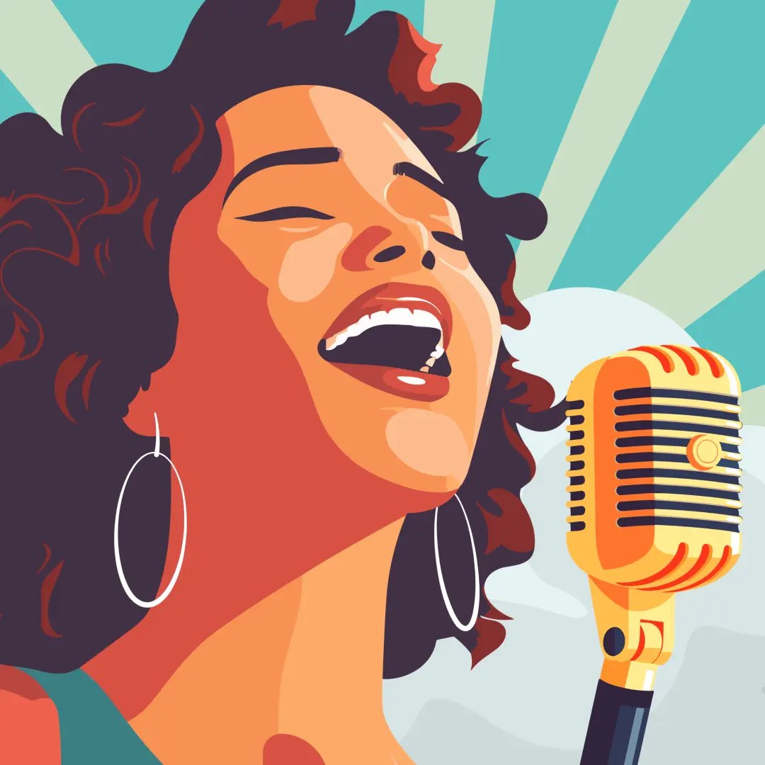 Illustration of a woman singing into a retro microphone