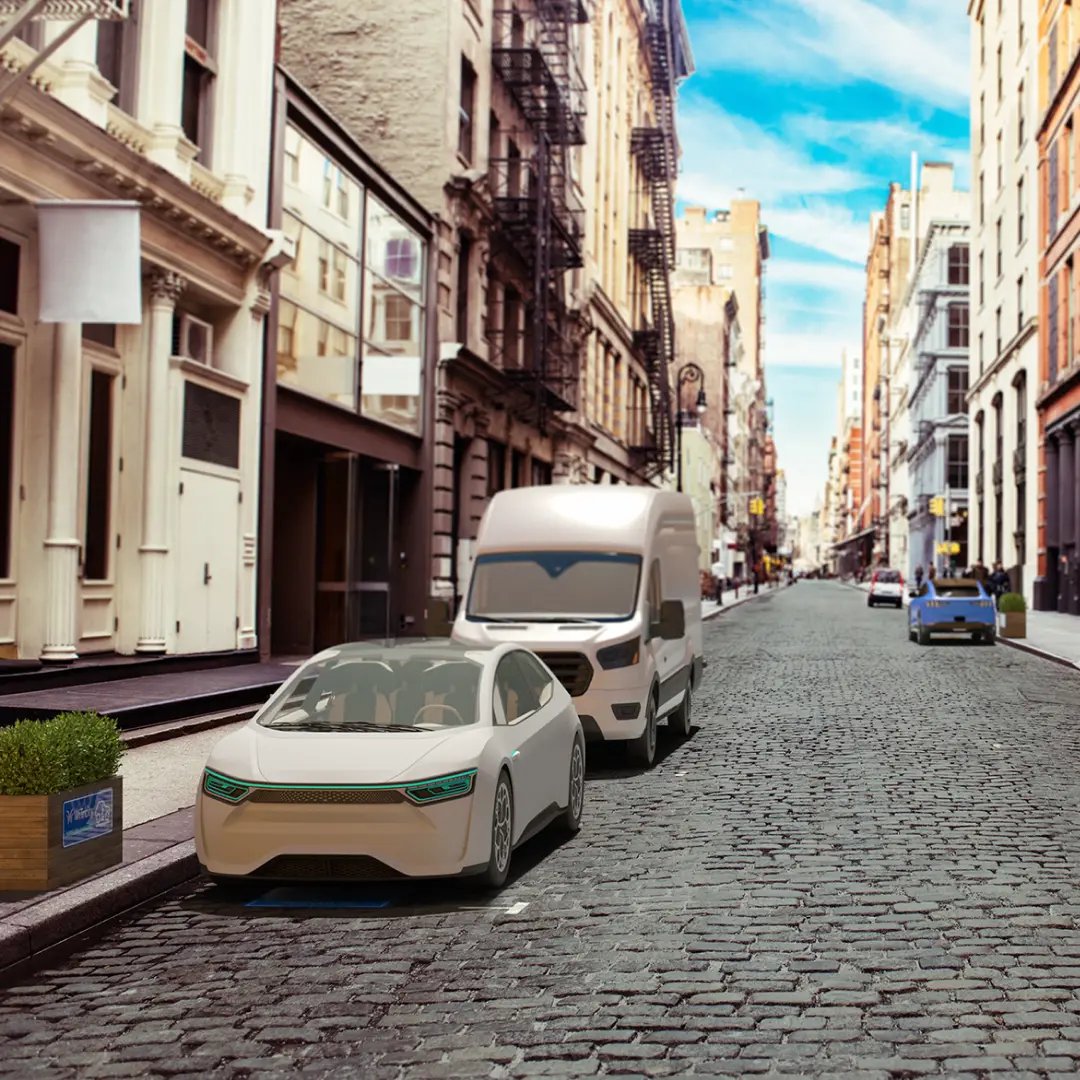 Wireless EV charging imagined in an urban street scene