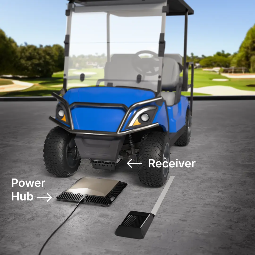 Golf cart with wireless charging next to a wireless charger in front of a golf course. 