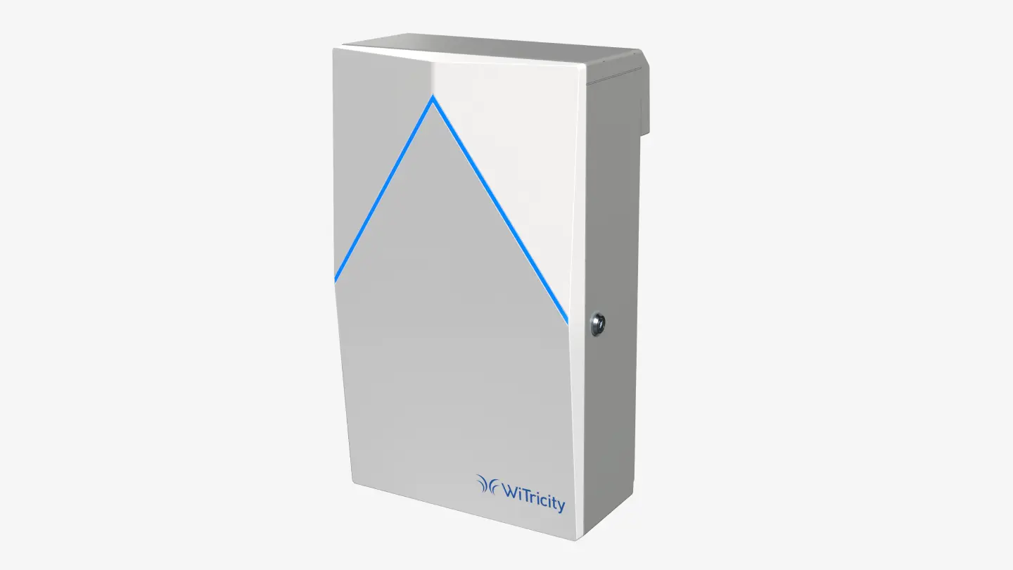 Side view of wall box component of wireless EV charging system
